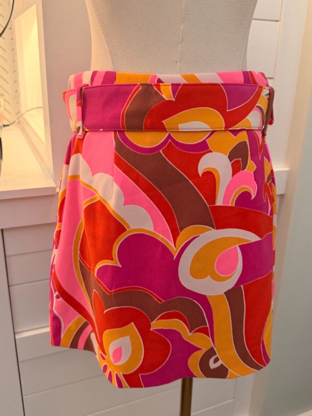 Express Retro Floral Mini Skirt Belted Pink Orange Size S - Picture 2 of 3